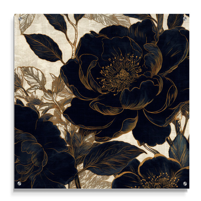 Blue Gold Peony Celebration I - Art mural en acrylique pivoines pour le salon, H 16 po x l 16 po