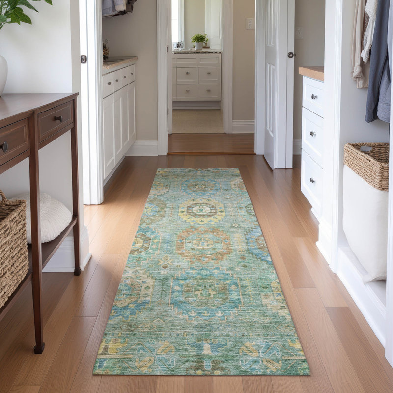 Premium Machine Washable Mayfield AMF2227 Panel Rug, 2'3" x 7'6" Runner, Teal