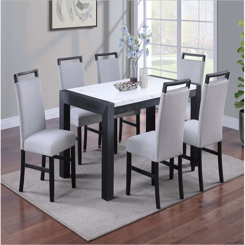 Ensemble de salle à manger de style moderne et 6 chaises d'appoint en faux marbre blanc, 7 pièces : table, 6 chaises