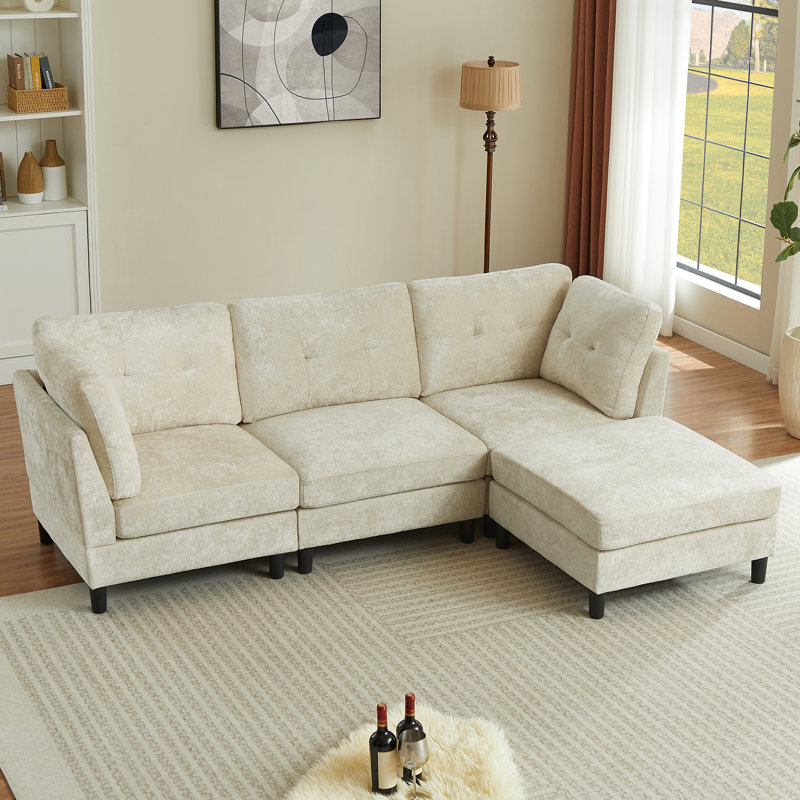 99.41" Chenille High Armrest L Shaped Sofa with Ottoman, Beige Chenille
