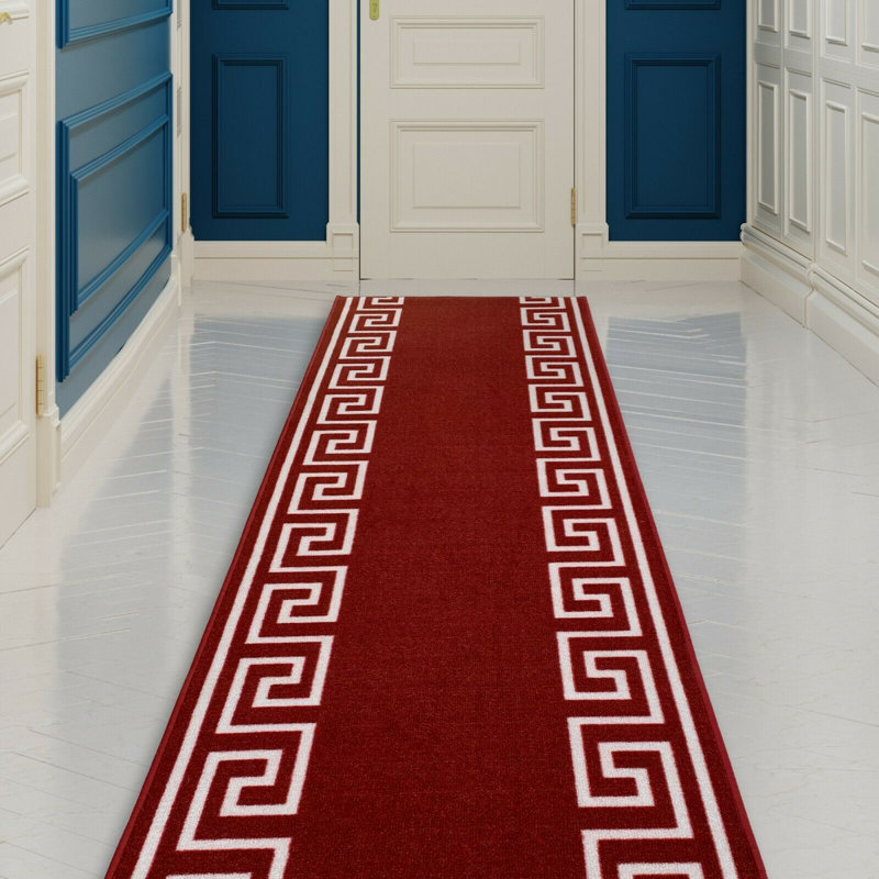 Custom Size Runner Rug 26 Inch Wide Choose Your Length Greek Key Meander Design Red Color, Runner 2'2'' x 19'