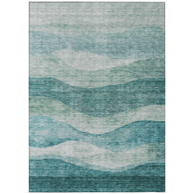 10' X 14' Teal Blue And Aqua Abstract Washable Indoor Outdoor Area Rug