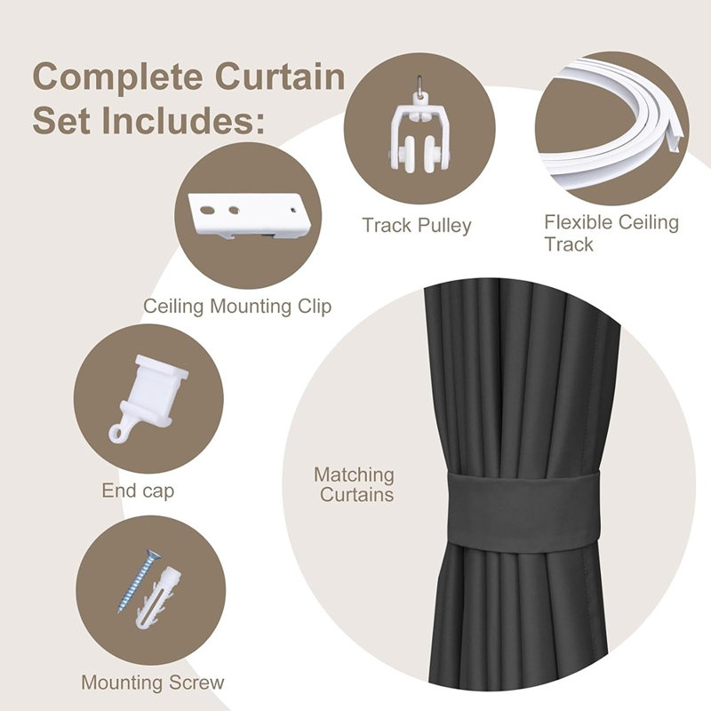 Ensemble de rideau occultant avec rail de plafond flexible pliable - Rideau d'intimité avec rail de plafond blanc