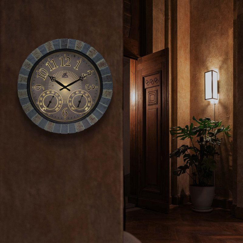  Aztec Indoor-Outdoor Wall Clock, Faux Stone, 18 Inch