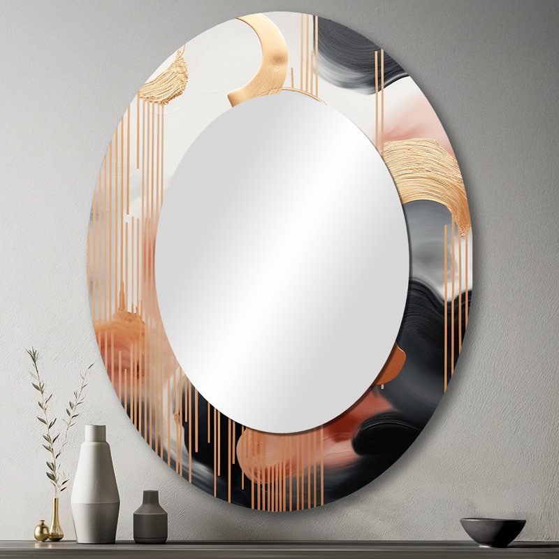 Gold And White Abstract Shapes Harmony III - Abstract Oval Decorative Mirror On Metal, 43" x 33"