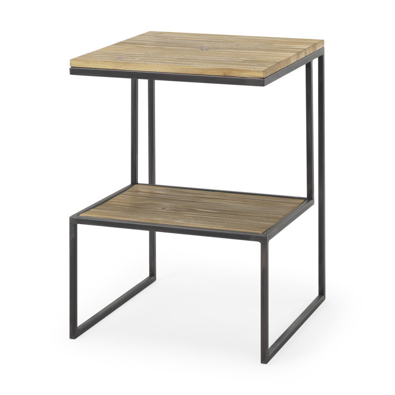  Transitional 21" Brown and Black Solid Wood Iron Sled End Table with Shelf