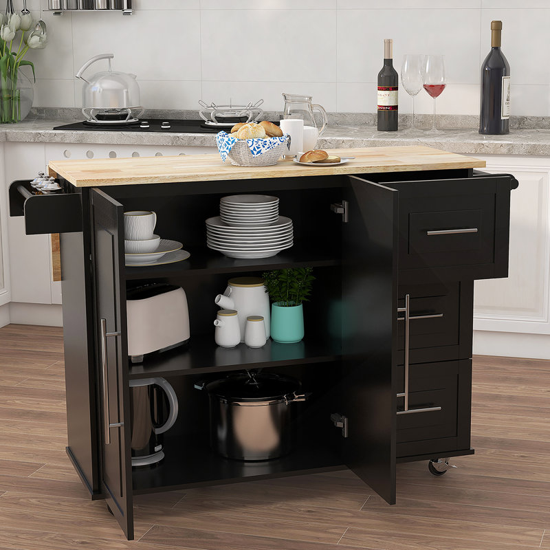 Îlot de cuisine avec porte-épices, porte-serviettes et table extensible en bois massif