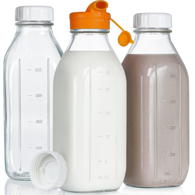 3 Pack 32 oz Syntic Glass Milk Bottle Containers with Pour Spout, Juice Bottles for Refrigerator, Food Grade Milk Jars for Syrup, Honey Clear