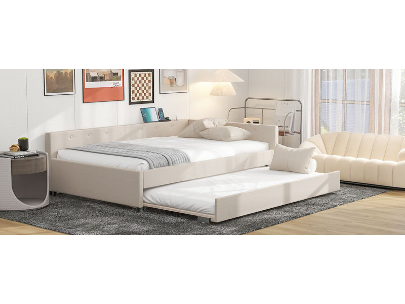 Lit plateforme tapissier taille avec port USB et gigogne taille, beige, Double