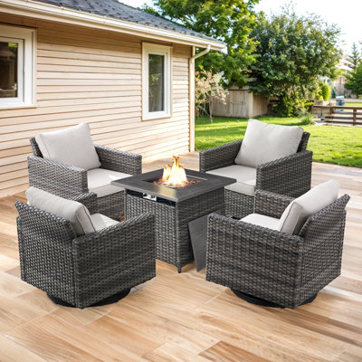 Valenta Hansencamp 4 - Person Outdoor Seating Group With Fire Pit With Swivel Glide Chair And Cushions