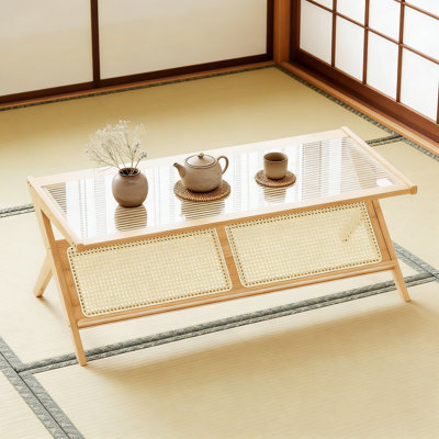 Mid-Century Modern Coffee Table With Glass Top And Bamboo Frame, Z-Shaped Design Rattan Shelf For Living Room, Office Or Bedroom