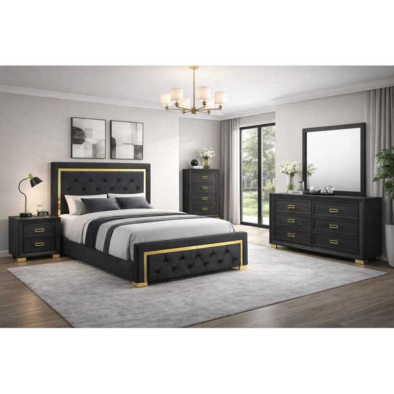 Ensemble de chambre à coucher de luxe à panneau tapissier avec tissu touffeté noir, 4 pièces, Très grand lit