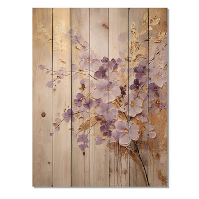 Violette ornée mauve et violette pré IV - Décoration murale en bois floral sur bois de pin naturel
