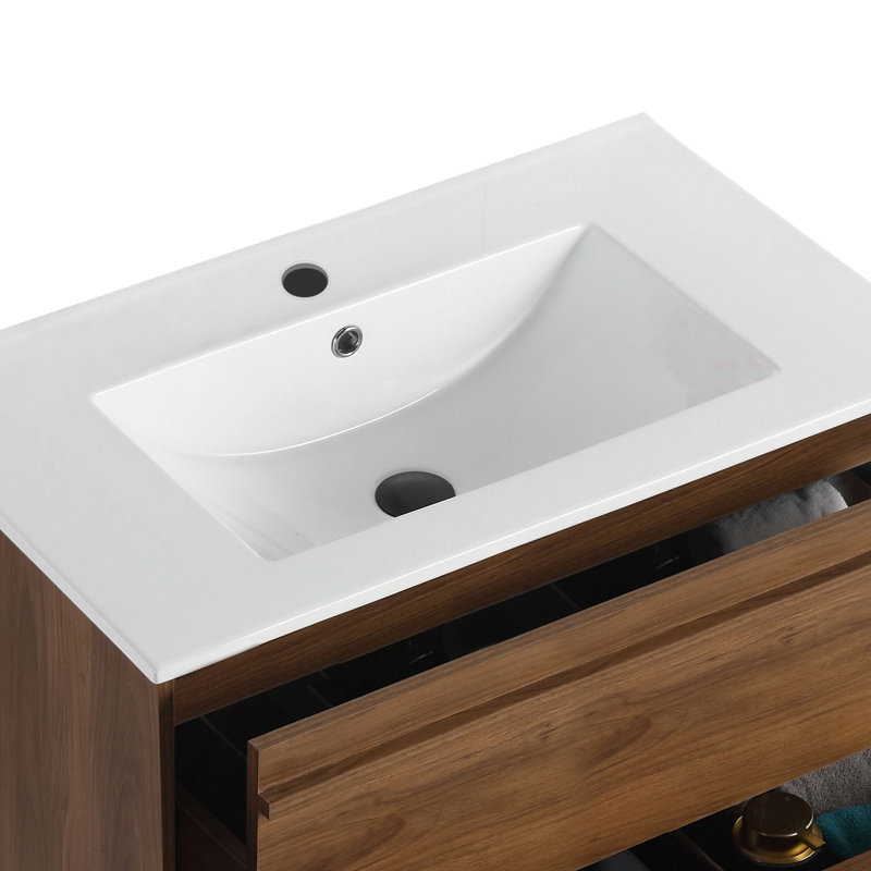 Meuble-lavabo mural 30 po avec finition en noyer brun et plateau en céramique Presenza Vayana