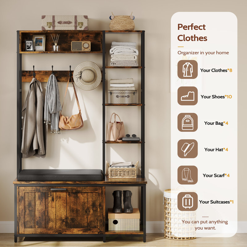 Hall Tree Coat Rack, Hall Tree With Bench And Shoe Storage, Mud Room Storage Furniture, 39.37 X 15.74 X 69.69 Inches, Brown, Shoe Storage