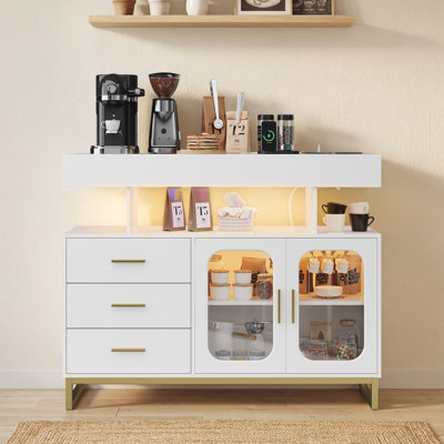 40" LED Buffet Cabinet w/ Charging Station, RGB Sideboard w/ 3 Drawers, Coffee Bar, White