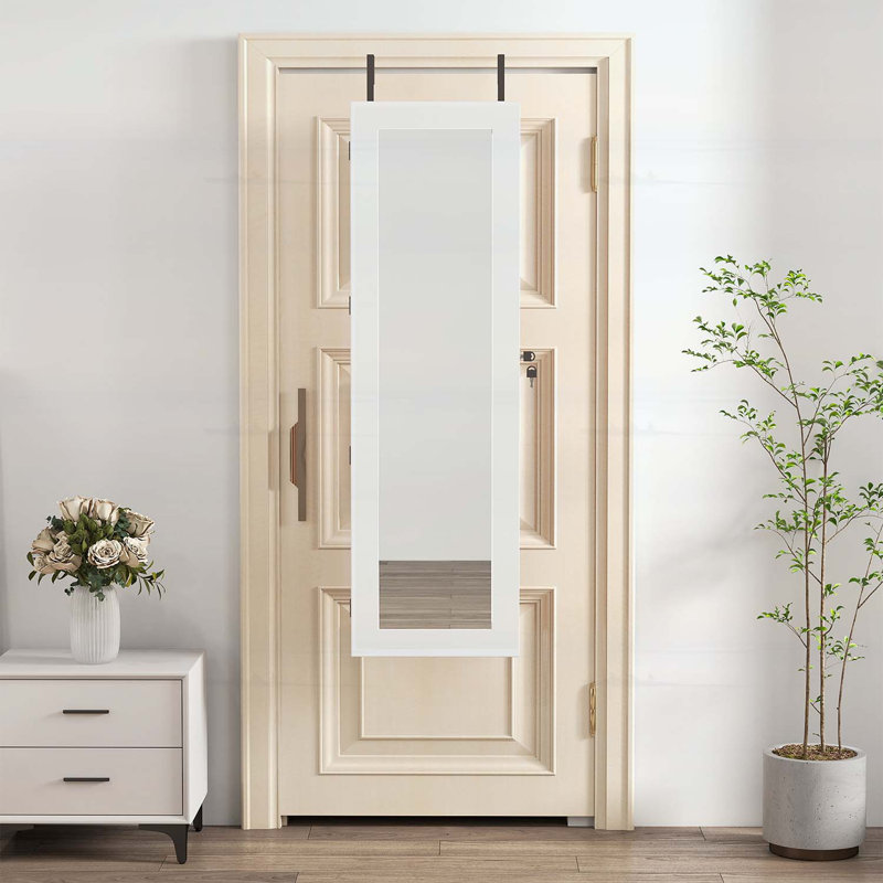 Armoire à bijoux en bois avec miroir pleine longueur et lumière DEL, Blanc