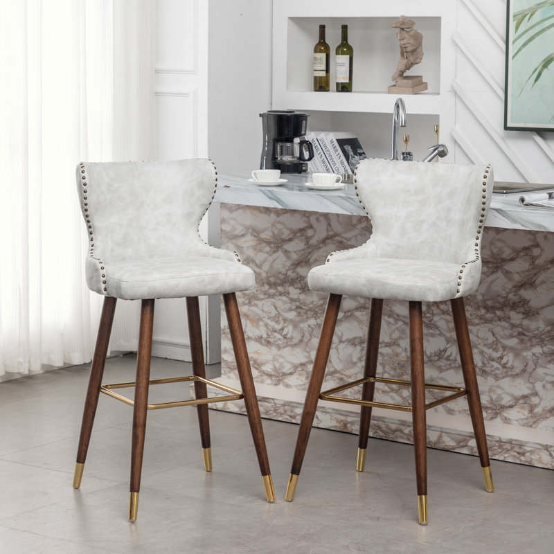 Ensemble de 2 tabourets de bar comptoir en similicuir et garniture cloutée, Faux Leather-White