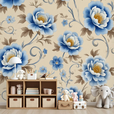 Papier peint auto-adhésif à motif de feuilles de pivoines à motif floral blanc et bleu H 100 po x l 144 po adhésif mural amovible pour chambre à coucher, bureau à domicile
