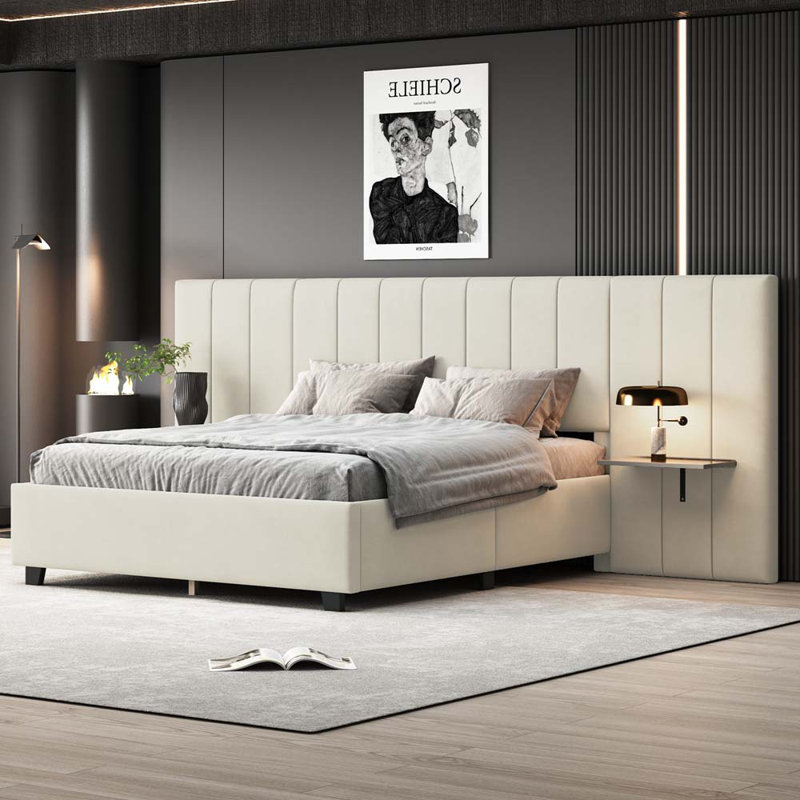 Lit plateforme tapissier avec grande tête de lit Jackielyn, Grand, Beige