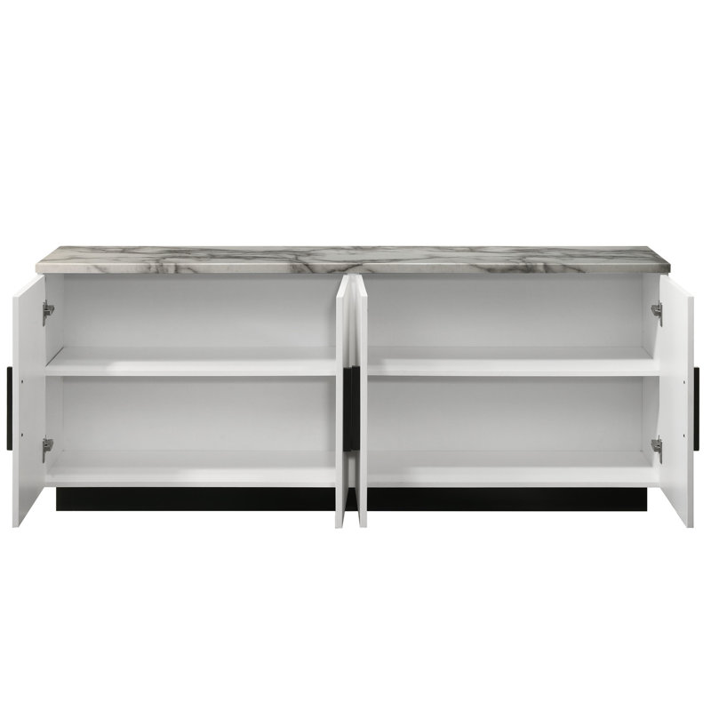 Console 63 po en faux marbre blanc, 4 portes, tablette réglable, base noire, empreinte de marbre de fabrication 63 po, contraste pour la fabrication