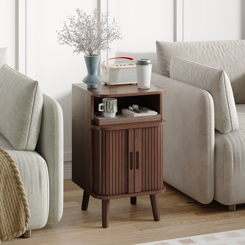 Fluted Nightstand Set, Mid Century Modern End Table 2 PCS With Open Shelf and Cabinet, Curved Round Edge Wooden Bedside Table With Slide Doors, Walnut