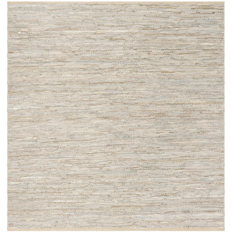 Borman Vintage Leather Hand Woven Leather/Cotton Solid Color Rug in Beige, Square 6'