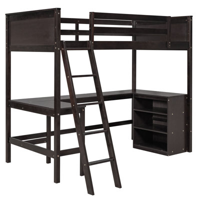 Loft Bed with Shelves and Desk, Wooden Loft Bed with Desk