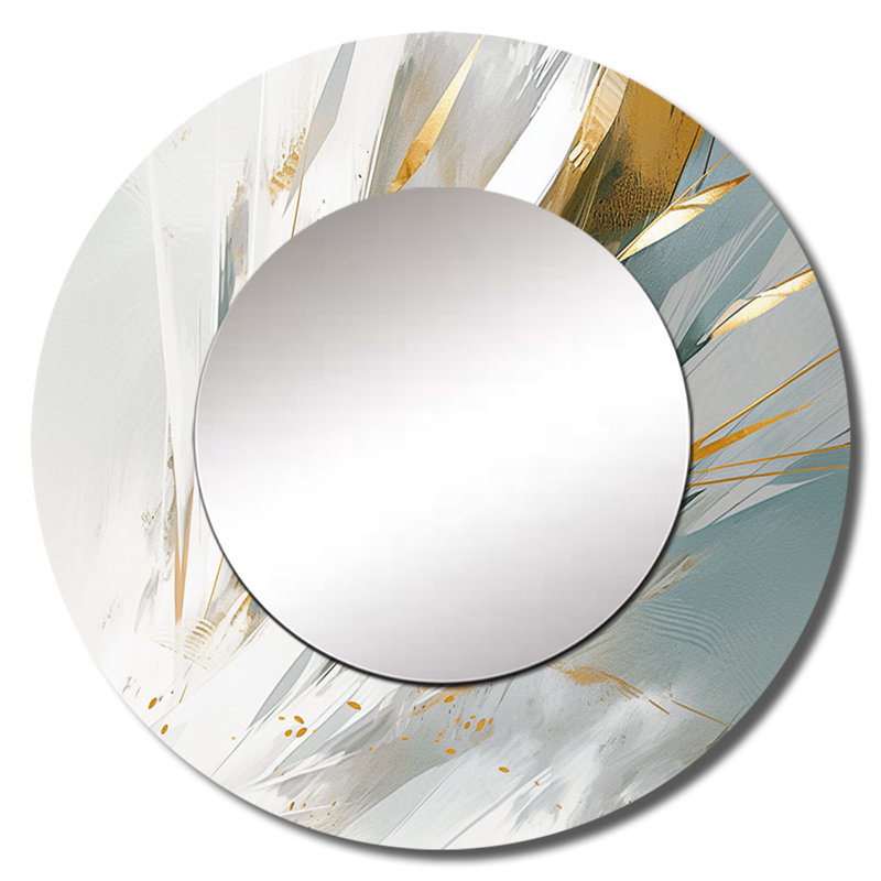 Sharinna or et crème mosaïque échos - décor de miroir mural unique cubisme, grand miroir rond moderne, art imprimé en métal