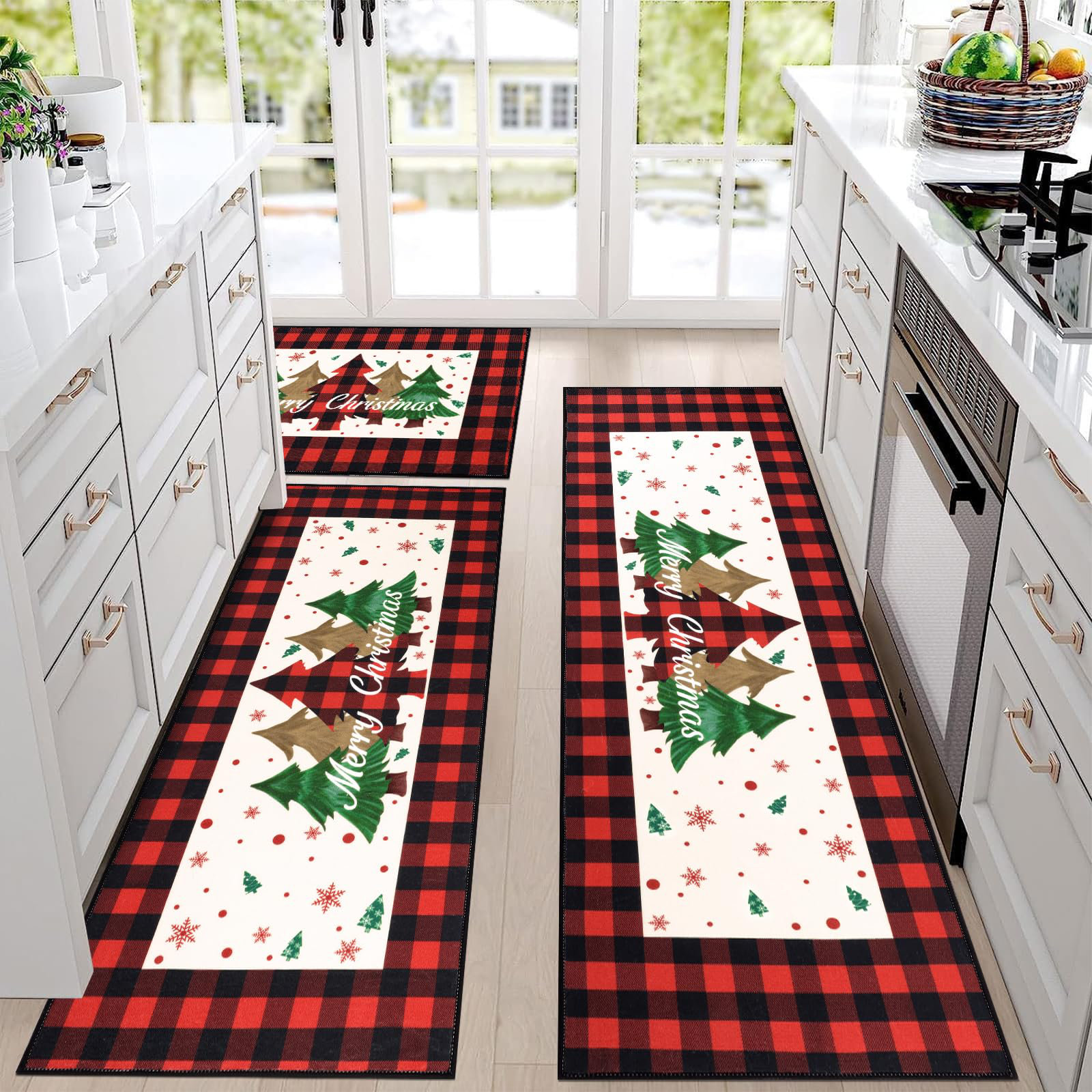 The Holiday Aisle® Christmas Washable Kitchen Rugs Sets of 3 | Wayfair
