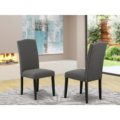 Parson Dining Room Chairs - Nailhead Trim Dark Gotham Linen Fabric Padded Chairs, Set of 2, Black