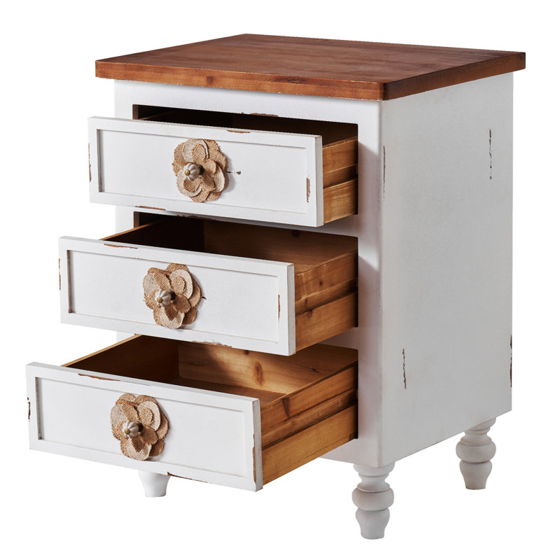 19" W Rustic With Floral Knobs Vintage Farmhouse End Table, With 3 Drawers & 4 Gourd Legs Accent Table Nightstand, White