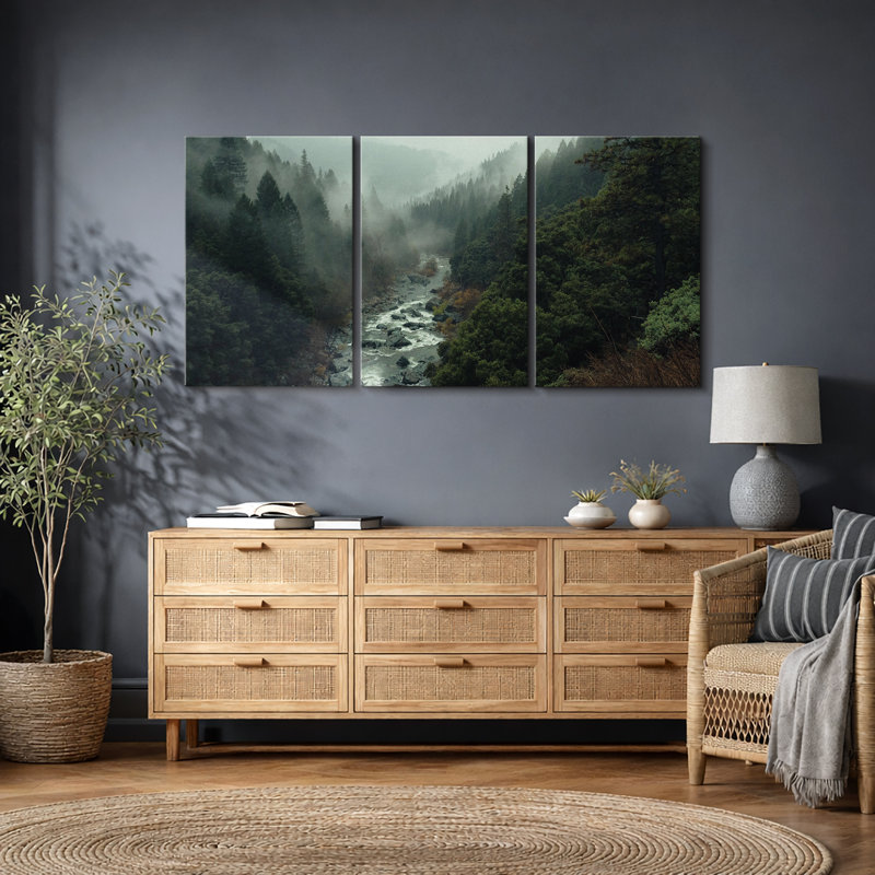 "Misty Forest Landscape Moody Green River Nature Hazy", reproduction d'art sur toile encadrée, 3 pièces, H 36 po x l 72 po