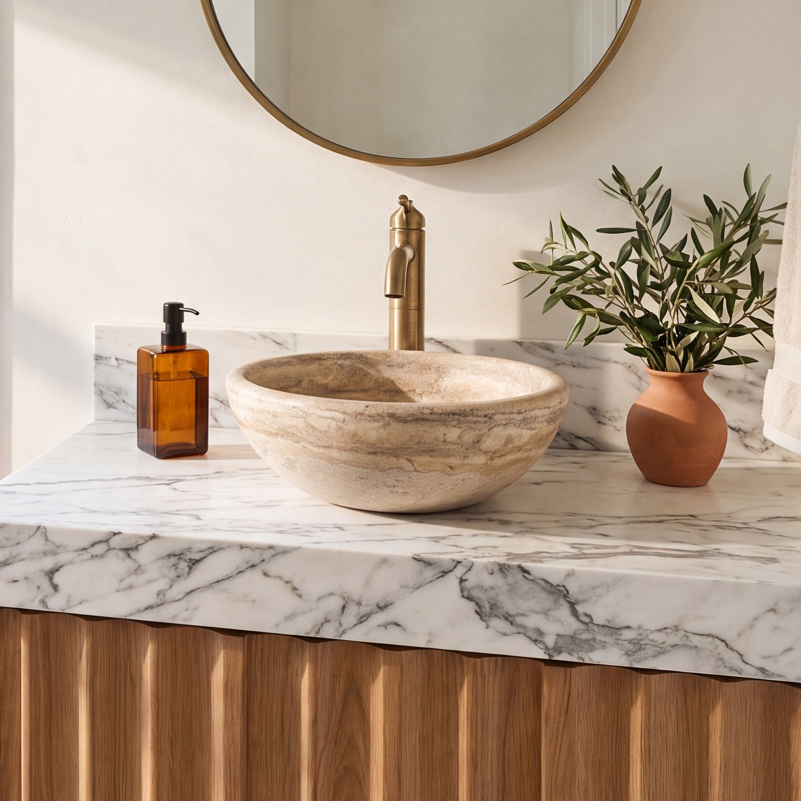 Classic Round Stone Vessel Bathroom Sink, Afyon Noce