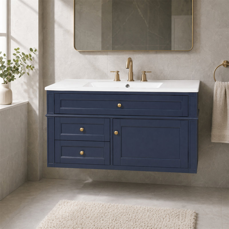 Meuble-lavabo flottant mural 36 po, gris (SKU différent), 2 tiroirs + lavabo en céramique, Bleu