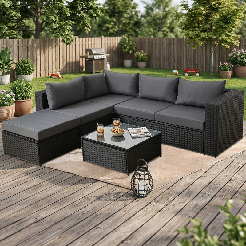 Ensemble de conversation modulaire en osier pour 4 personnes avec coussins, Coussin noir / structure noire