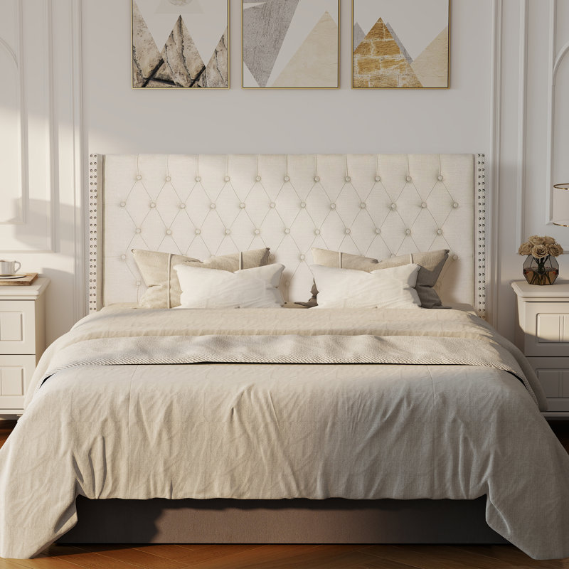 Tufted Wingback Upholstered Headboard with Nailhead Trim, Ivory-Linen, Queen