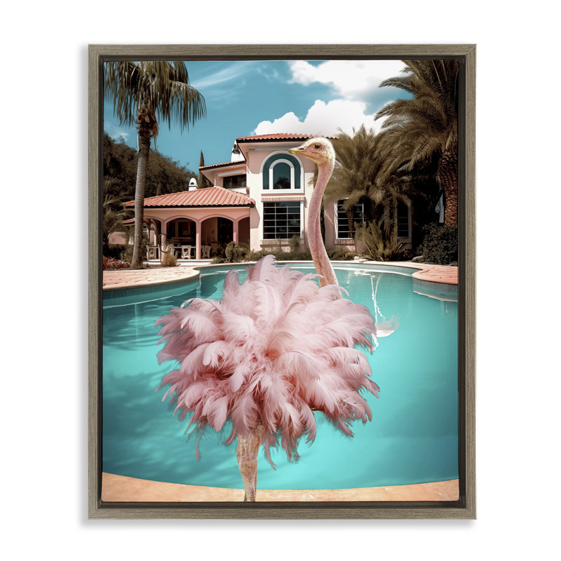 Art mural en toile d'autruche rose à plumes par Ziwei Li, Cadre flottant orme Montalcino, H 31 po x l 25 po x P 1,7 po