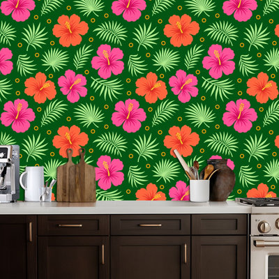Peel and Stick Wallpaper Floral seamless Chinese Hibiscus rose flowers Contact Paper Removable Self Adhesive Wall Mural Wall Decor for Bedroom Kitchen Cabinets 17.7in x 118in