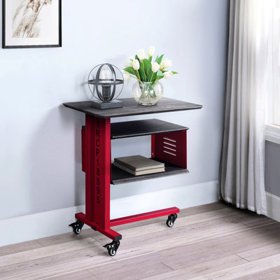 Table rouge avec design asymétrique et tablette murale de rangement supplémentaire