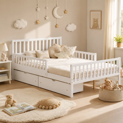 Lit plateforme en bois avec garde-corps des deux côtés de style minimaliste avec deux tiroirs de rangement et une tête de lit