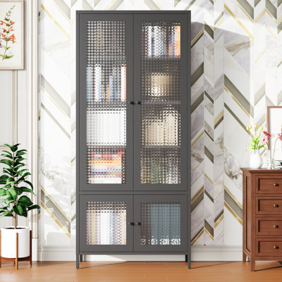 Armoire de rangement autoportante en métal avec 4 portes en verre et 5 tablettes pour la chambre à coucher - Grand garde-manger trempé à gaufres, chambre à coucher, salon, style moderne