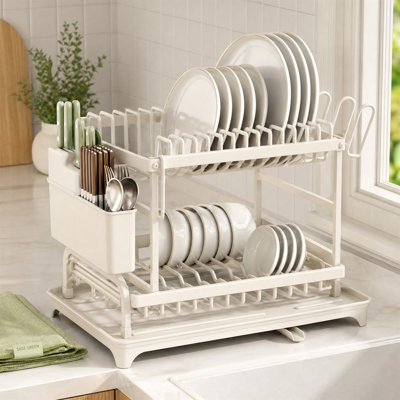 2-Tier Dish Drying Rack with Drainage Pipe, Cream White Steel, Snap-Lock Assembly, Knife & Utensil Holders, Cutlery Tray