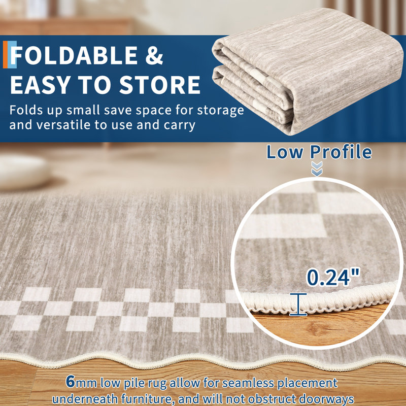 Scalloped Area Rugs Modern Bordered Accent Carpet,Non-Slip Floor Cover,Stain-Resistant Indoor Mat for Bedroom,Kitchen,Living Room