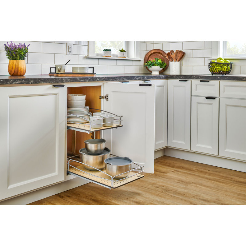 Two-Tier 14.5" x 22" Beige Composite and Metal Pullout Cabinet Organizer