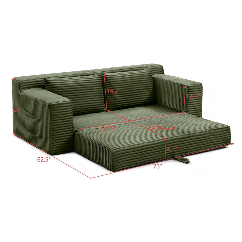 Cloud 73" W x 35.1" D x 32.5" H Corduroy Memory Foam Convertible Loveseat Sofa Bed, Solid Wood, Green Corduroy