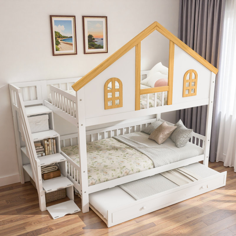 Wooden Bunk Bed With Storage Staircase, Trundle, House Roof And Window Door, Full Over Full
