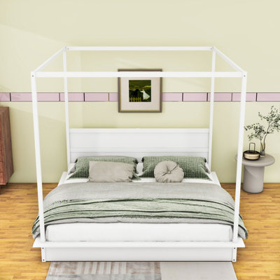 Derel Wood Canopy Platform Bed with Support Slats and LED Light