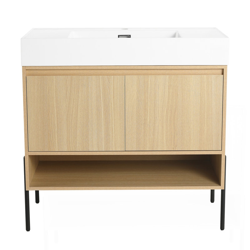 Ensemble de meuble-lavabo 36 po avec lavabo simple en résine, ensemble d'armoires de rangement modernes 2 portes, bois massif multicouche, chêne