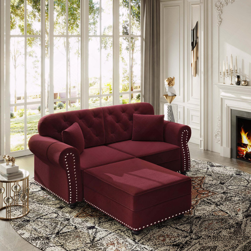 Velours Chesterfield canapé garniture cloutée capitonnée, Bourgogne